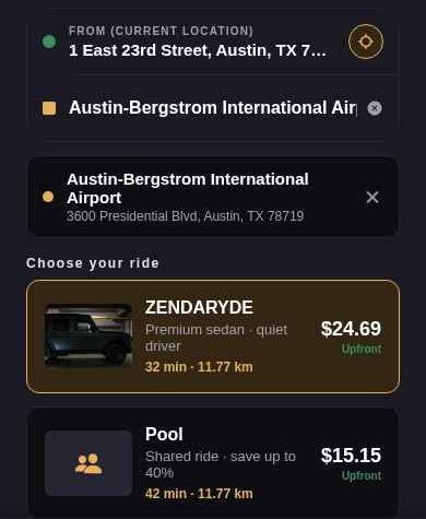 ZENDARYDE app showing upfront fares from UT Austin to Austin-Bergstrom Airport: ZENDARYDE $24.69, Pool $15.15